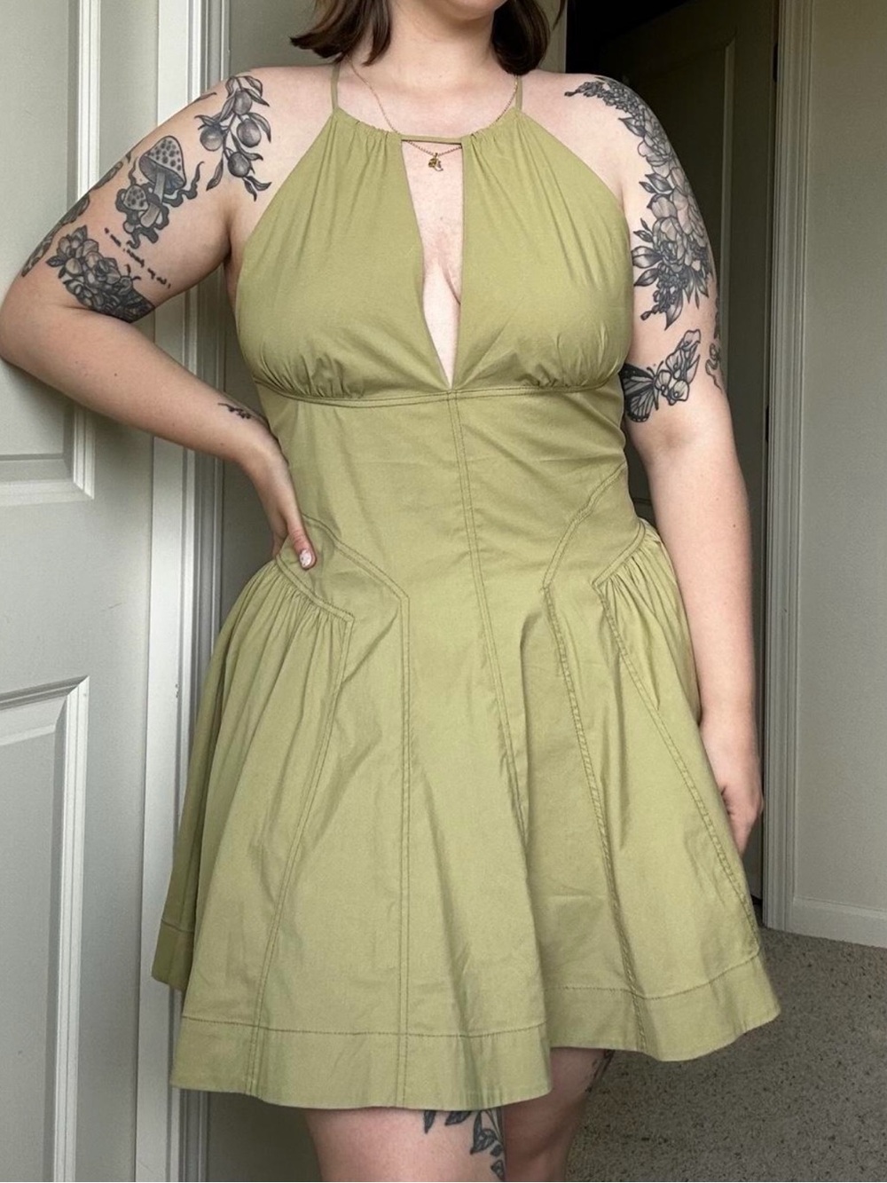 Anthropologie Olive Halter Mini Dress - Light Olive Green